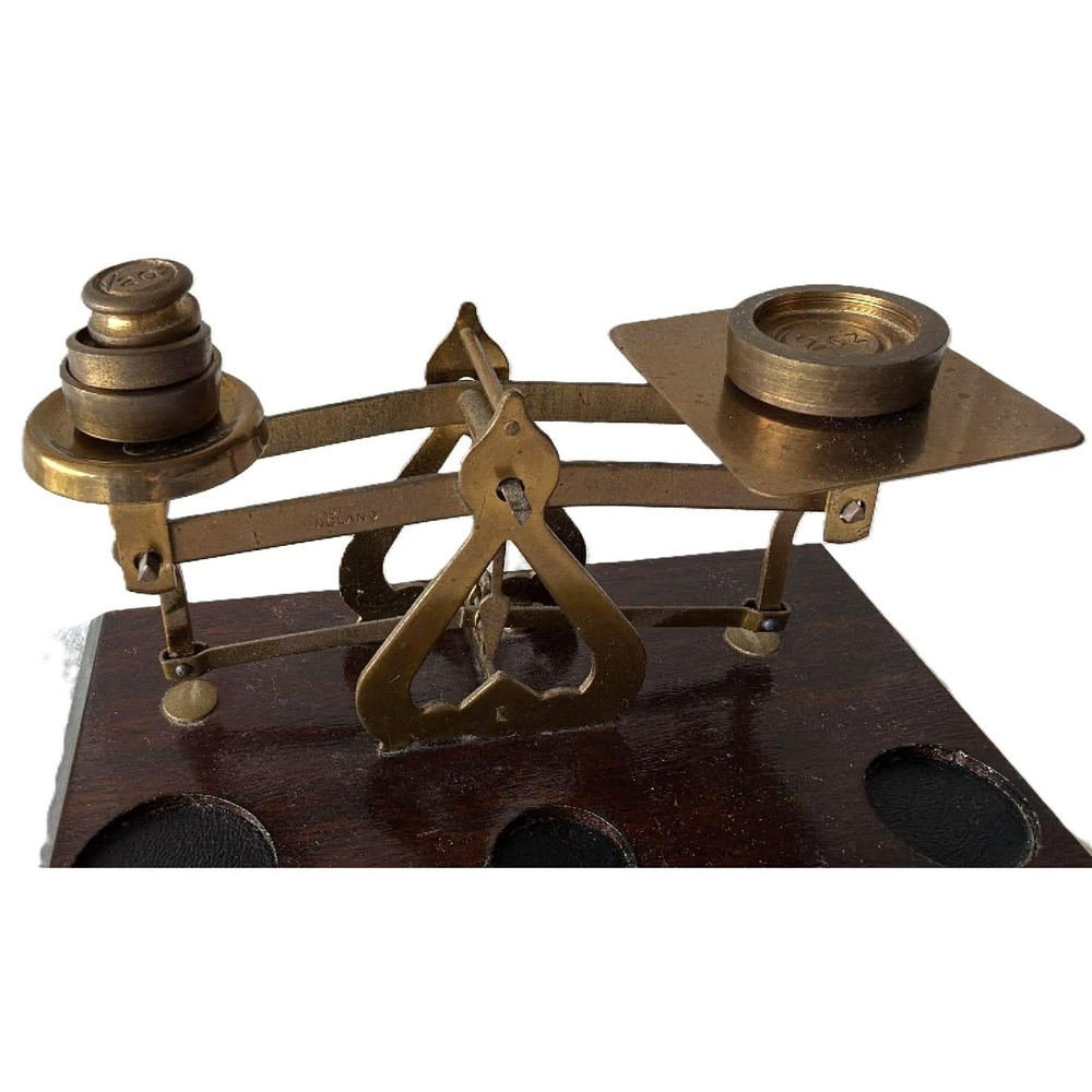 Vintage Brass Postal Office Scale Made in England 1/20th to 2 oz Weights